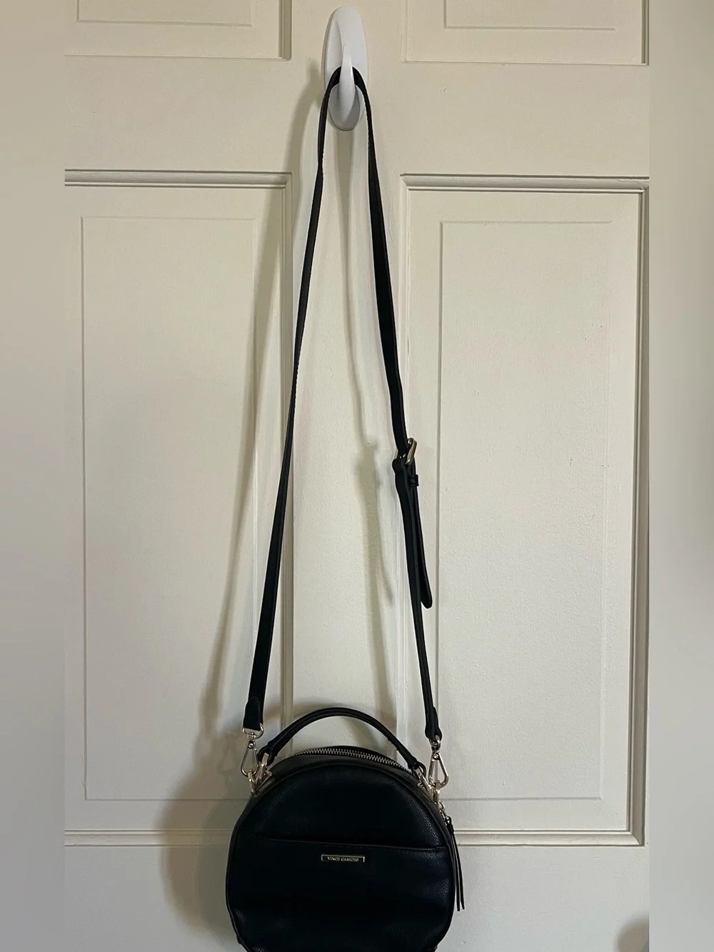 Vince Camuto Black Round Pebbled Leather Crossbody